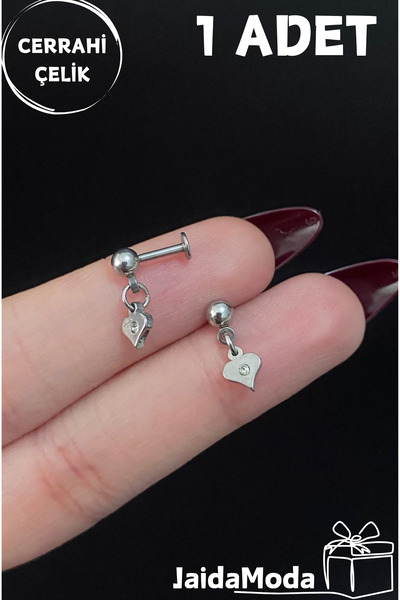 Jaida Moda Gümüş Sallantılı Kalp Figür Cerrahi Çelik Tragus Helix Piercing