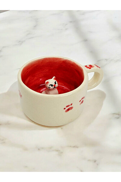 Soli Seramik El Yapımı Kedili Seramik Kupa, Kedi Figürü ile Özel Tasarım Kahve ve Çay Kupası,  Hediyelik Mug