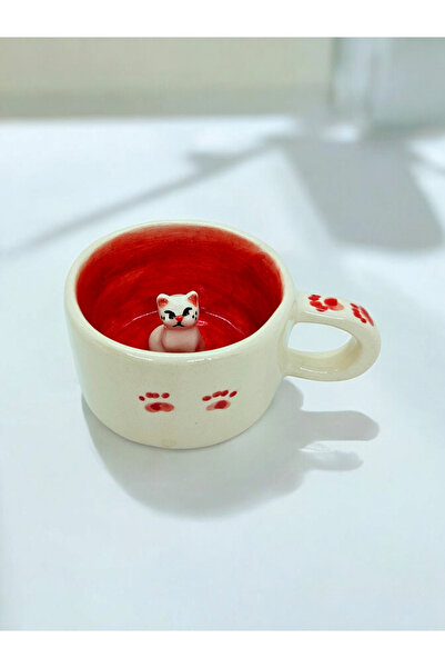 Soli Seramik El Yapımı Kedili Seramik Kupa, Kedi Figürü ile Özel Tasarım Kahve ve Çay Kupası,  Hediyelik Mug