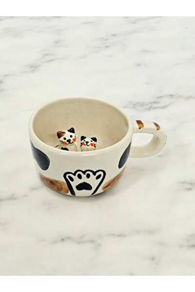 Soli Seramik El Yapımı Kedi biblolu Seramik Kupa - İçinde Kedi Figürü ile Özel Tasarım Kahve ve Çay Kupası