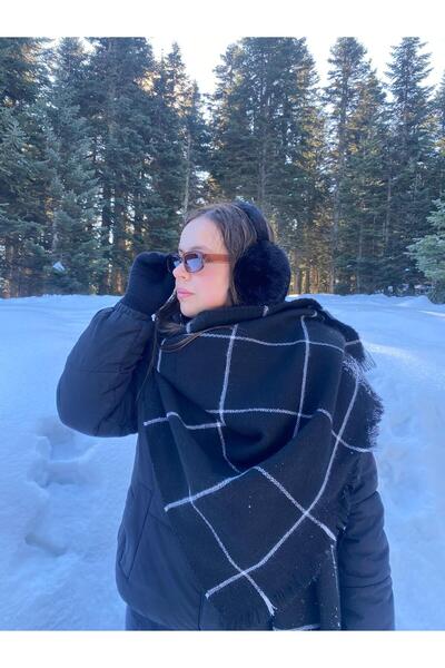 sema aksesuar Valentine's Day Gift Winter White Striped Black Scarf Shawl, Plush Earmuff and Gloves Set of 3