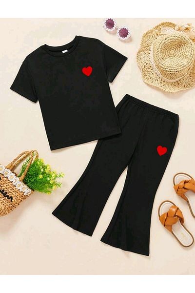 renkli diyar Short Sleeve Girls T-Shirt and Spanish Leg Heart Set - Nursery Primary School Kindergarten