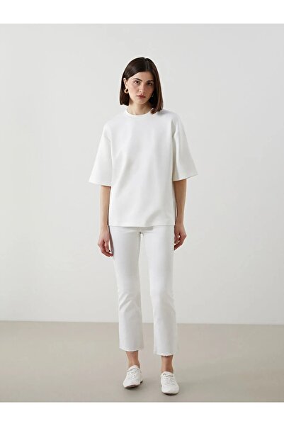 LC Waikiki LCW Vision Ecru Damen-T-Shirt mit Rundhalsausschnitt