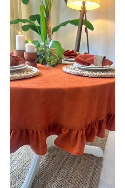 Decamor home Velvet Textured Laceless Stain Resistant Vintage Ruffled Brick Color Round Tablecloth