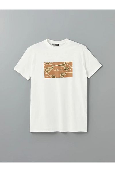 LC Waikiki Lcw Modest Ecru Crew Neck Printed Women's T-Shirt