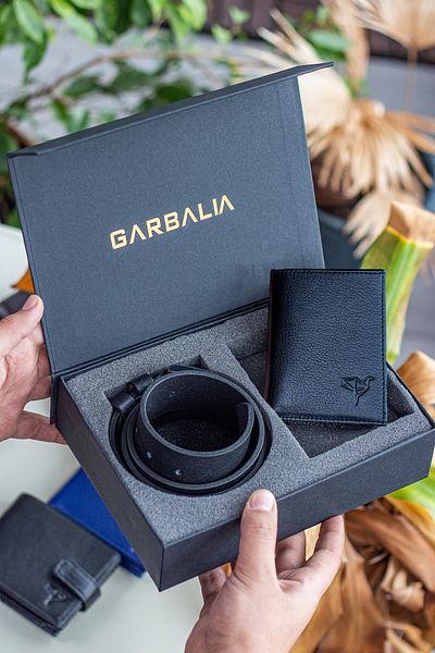 Garbalia مجموعة محفظة حزام من الجلد الطبيعي باللون الأسود للرجال من Dortmınd مع عيون للعملات المعدنية وحزمة هدايا خاصة