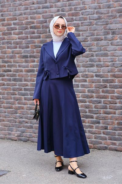 RFK Butik Navy Blue Women's Skirt and Jacket Set - Short Bow Detail