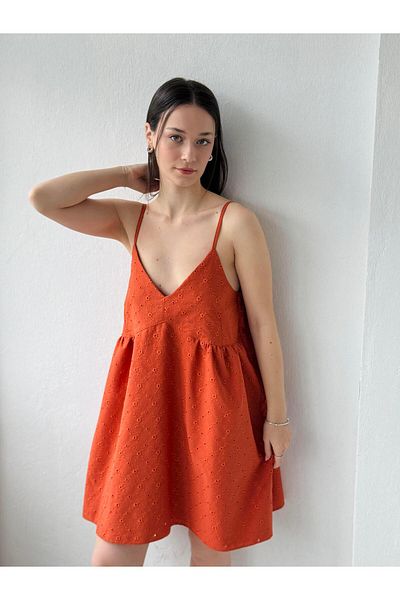 Retrobird Rochie Mini Brode cu bretele - June Tasarı - Tigla pentru femei