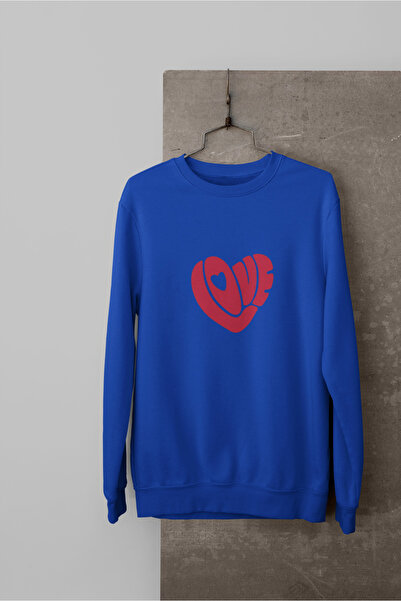 Butik سويت شيرت نسائي/بنات بأكمام طويلة 2 خيط خيط مطبوع عليه طبعة حب برقبة كرو