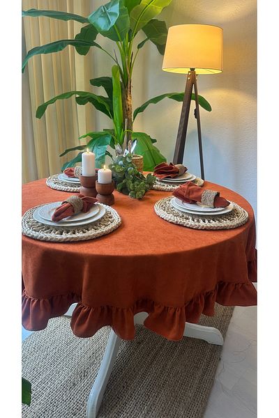 Decamor home Velvet Textured Laceless Stain Resistant Vintage Ruffled Brick Color Round Tablecloth