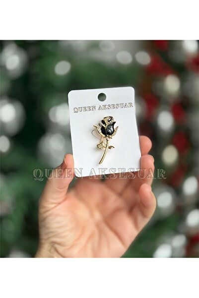 QUEEN AKSESUAR Lüks taşlı metal siyah gül çiçekli iğneli broş yaka aksesuar iğnesi altın gold 4cm