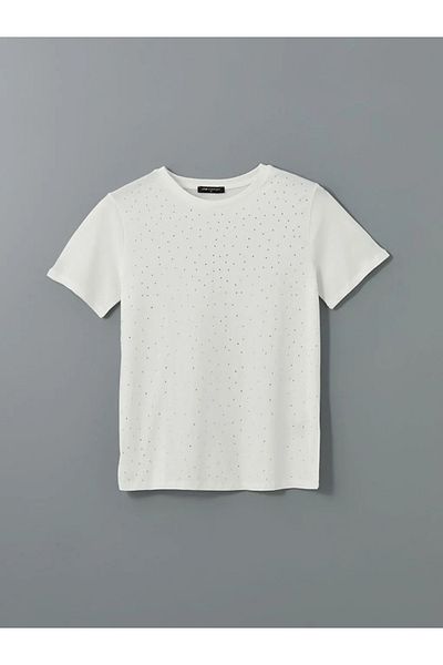 LC Waikiki Γυναικείο μπλουζάκι LCW Comfort White Crew Neck Stone