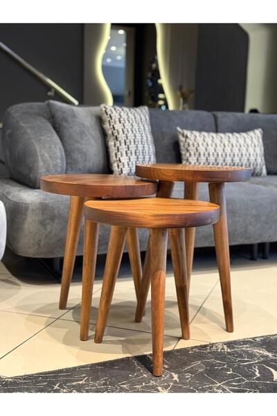 Royal Wood Store Doğal Ahşap 3'lü Ceviz Dekoratif Yan Zigon Sehpa