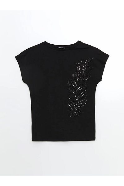 LC Waikiki Lcwaikiki Classic Black Crew Neck Sequin Sequin Embroidered Women's T-Shirt