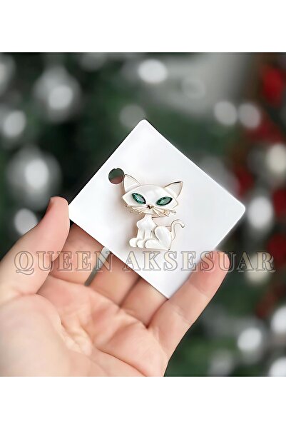 QUEEN AKSESUAR Lüks yeşil zümrüt taşlı gözlü metal sevimli beyaz kedi iğneli broş yaka aksesuar iğnesi