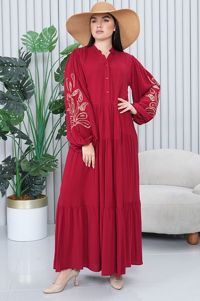 AYASOFYA OTANTIK Women's Burgundy Half Placket Ethnic Authentic Embroidery Detailed Long Sleeve Long Dress