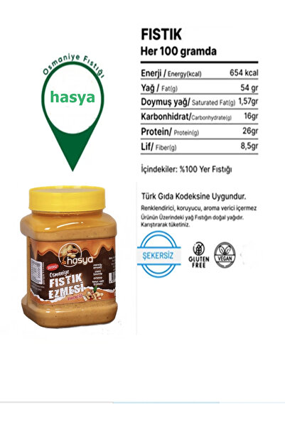 Hasya Osmaniye Şekersiz Fıstık Ezmesi 1 Kg %100 Doğal Parçacıklı