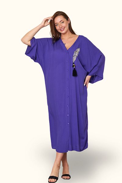 Markano Purple V-Neck Feather Embroidery Beaded Pocket Oversize Long Dress