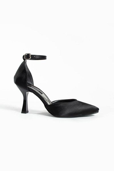 es exello Pantofi din satin negru cu curea la gleznă