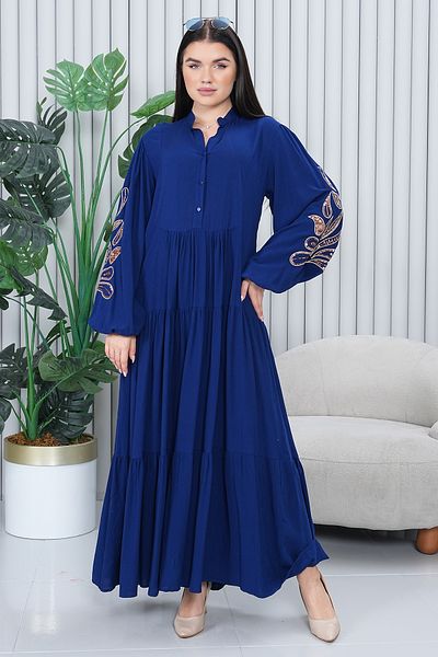 AYASOFYA OTANTIK Women's Navy Blue Half Placket Ethnic Authentic Embroidery Detailed Long Sleeve Long Dress