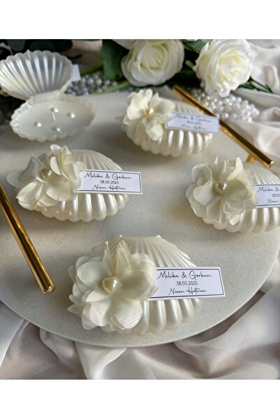 Gami Handmade İnci ve Çiçek Detaylı Sedefli İstiridye Mum Söz, Nişan, Nikah, ...