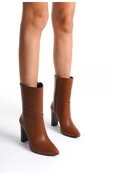 Limerence Kadın Fermuarlı Sivri Burun Topuklu Kısa Deri Bot-TABA
