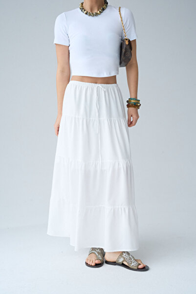 LOOSH Kadın Kemik Beli Bağcık Detaylı Volanlı Uzun Etek