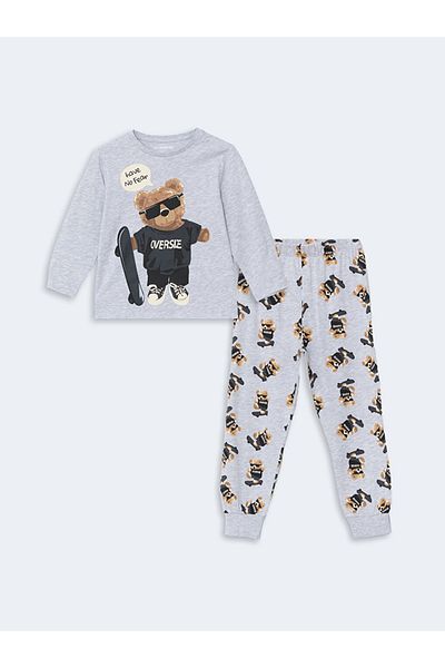 LC Waikiki Gray Crew Neck Bear Teddy Printed Boys' Pajamas Set