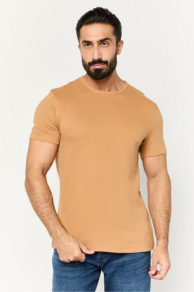 French Connection Men Crew Neck Short Sleeve Textured T-shirt, Brown