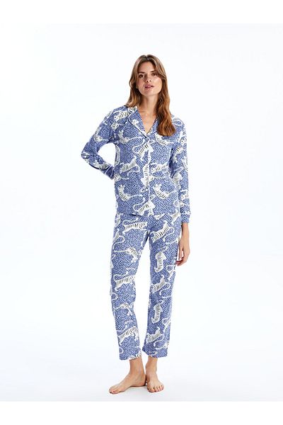 LC Waikiki Set de pijamale de damă cu guler de cămașă liliac cu model zebră