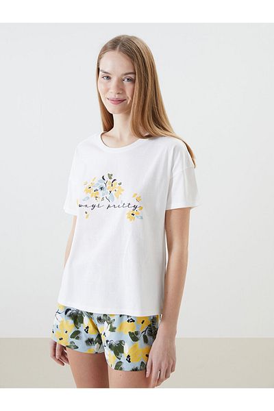 LC Waikiki Set de pijamale cu pantaloni scurți și pantaloni scurți pentru femei, cu gât albastru