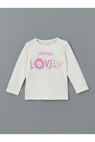 LC Waikiki Ecru Crew Neck Printed Baby Girl Pajamas Set