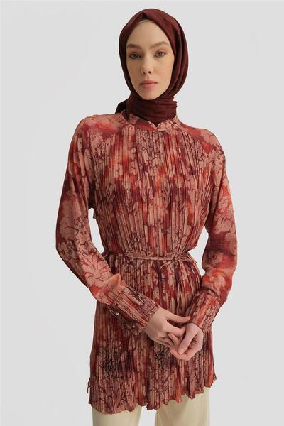 Armine Desenli Ve Pliseli Tunik 25y4614 Koyu Kırmızı