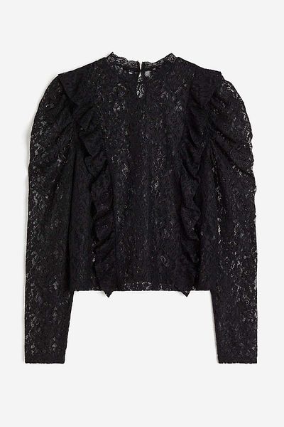 H&M Frill-trimmed puff-sleeved lace top