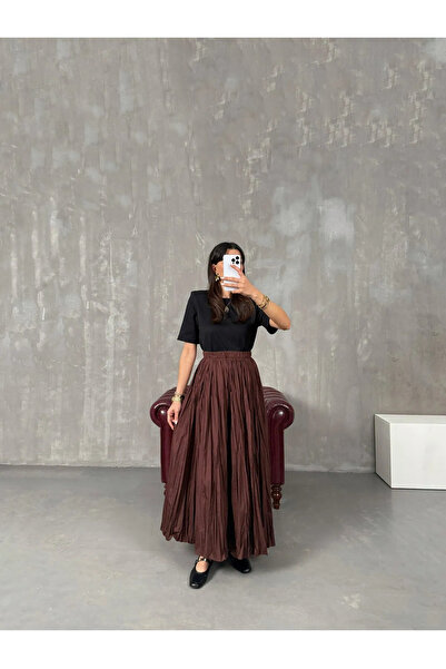 CELT Women's Crochet Crinkle Pleated Maxi Skirt - Brown