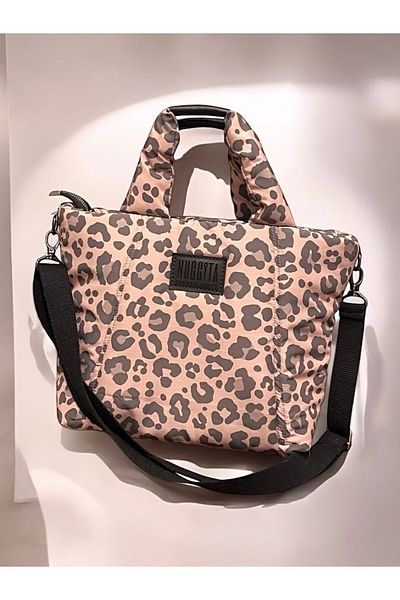 Nuggita Geantă de mână/de umăr puffer de mărime standard pentru femei - țesătură impermeabilă cu model leopard pudra