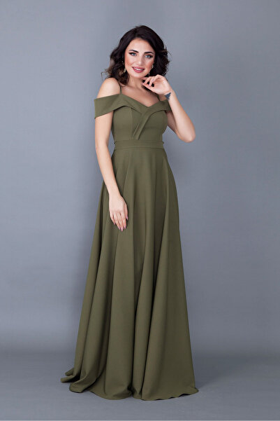RURIS Kadın Haki Askılı Düşük Omuz Detay Kloş Maxi Boy Abiye ve Mezuniyet Elbisesi