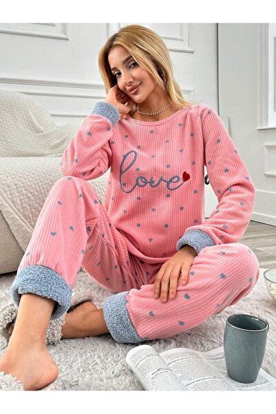 Loomiro طقم بيجامة صوف نسائي مطرز على شكل قلب LMR007