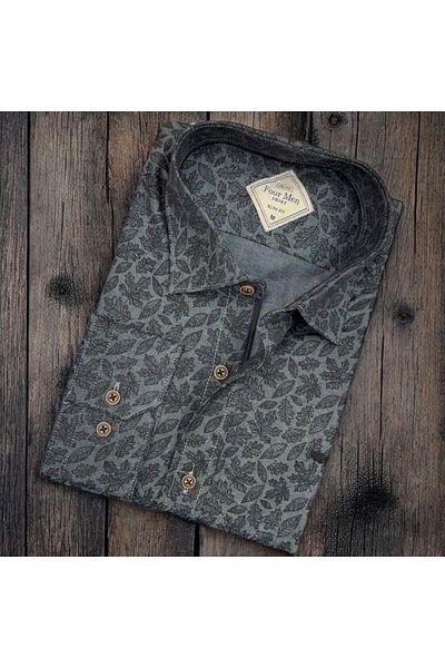 EREN STYLE Cămașă pentru bărbați cu mânecă lungă, gri din bumbac (Slim Fit Fit)