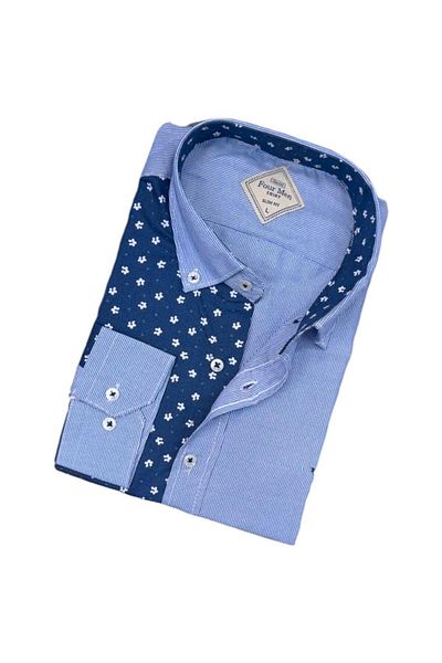 EREN STYLE Cămașă pentru bărbați cu mânecă lungă, albastră, din bumbac (Slim Fit Fit)
