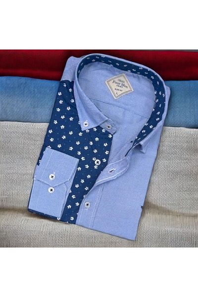 EREN STYLE Cămașă pentru bărbați cu mânecă lungă, albastră, din bumbac (Slim Fit Fit)