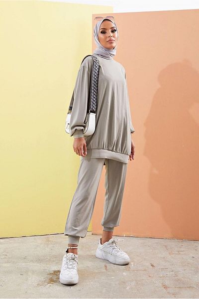 TRENDTESETTÜR Γυναικείο κοστούμι με γκρι μανσέτες ελαστικό casual διπλό παντελόνι 0310