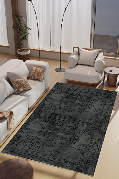 Charmbi Siyah Sangu Desenli Makinede Yıkanabilir Salon Halısı Yatak Odası Hal...