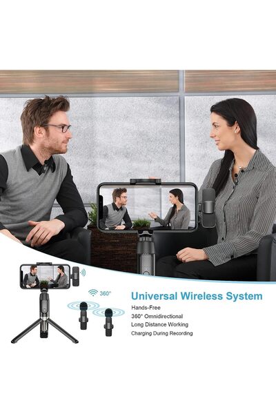 AWH ميكروفون لاسلكي للهاتف (USB-C) - ميكروفون مزدوج للتسجيل والبث المباشر والتدوين المرئي (أسود).