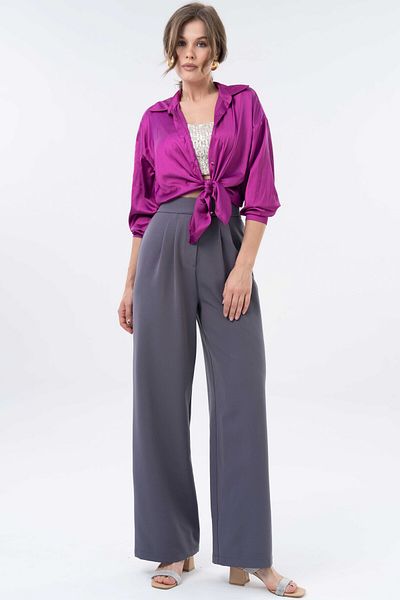 Saade Anthracite High Waist Velcro Closure Double Pleat Woven Palazzo Pants