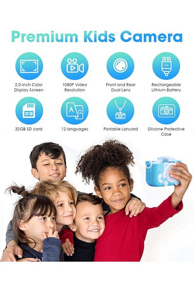 AHW AWH Children's Camera – HD Kids Digital Camera, 32GB SD Card, Gift for Boys & Girls (Blue).