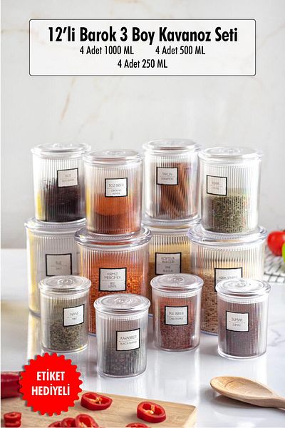 EWs Set of 12 Baroque Round Jars - 3 Sizes Storage and Food Containers (4*1000 ML, 4*500 ML, 4*250 ML)