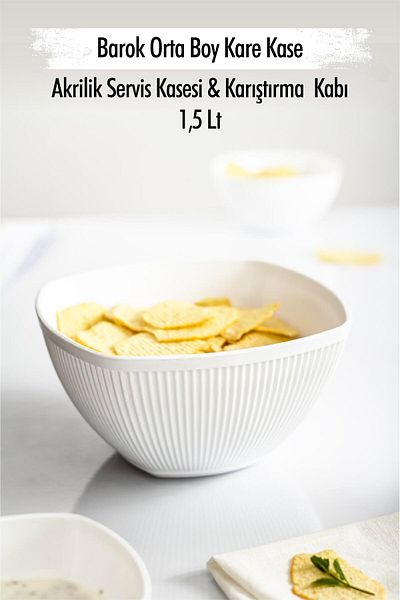 EWs 1.5 Lt Acrylic Baroque White Medium Size Square - Fruit, Salad and Mixing Bowl