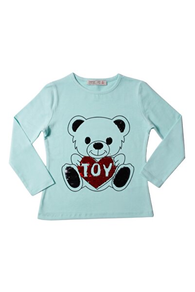 Toontoy Girl's T-Shirt Teddy Bear Print Sequin Embroidery