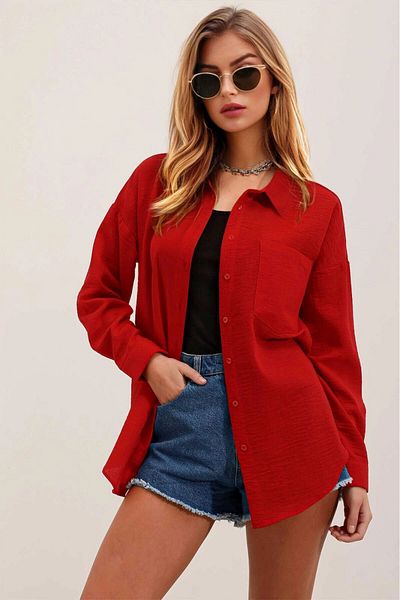 hazelin Red Oversize Linen Shirt - Single Pocket, Hzl24S-Bd 1201531